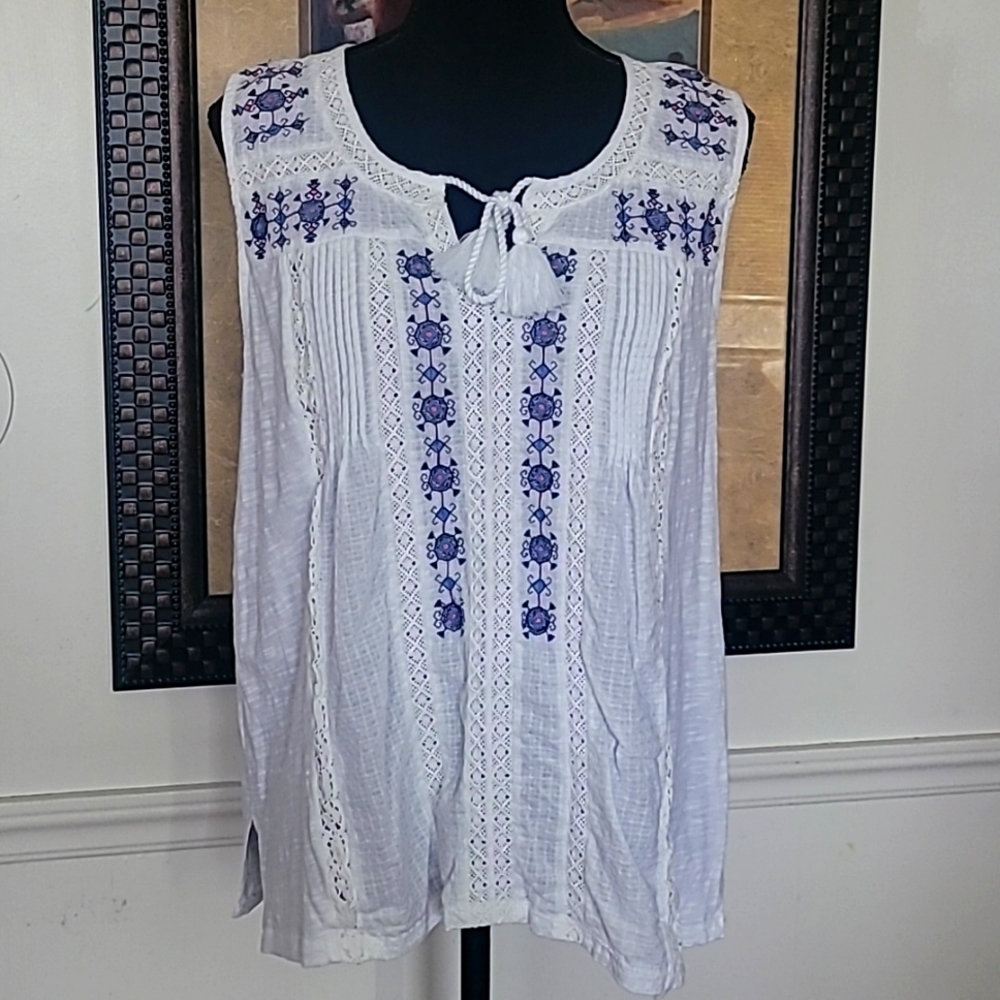 Lucky Brand Boho Chic Crochet Sleeveless Blouse Size L
